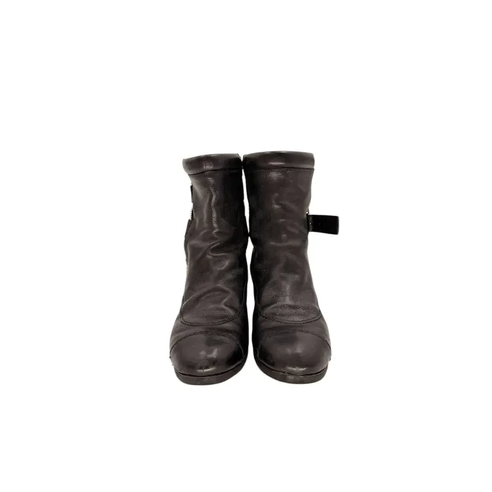 Chanel Leather Interlocking CC Logo Ankle Moto BIker Boots Black Women's Size 38